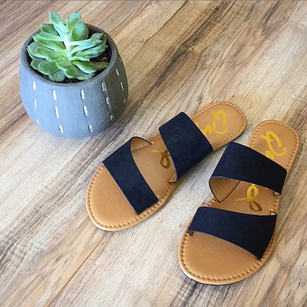 Vegan suede slide sandals.